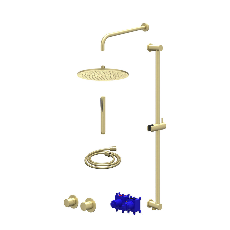IVY Regendoucheset inbouwthermostaatkraan met 2-weg stop-omstel symmetry, 40cm wandarm, R30cmME, glijstang met uitlaat, doucheslang 150cm en staafmodel – Gebr. mat goud PVD