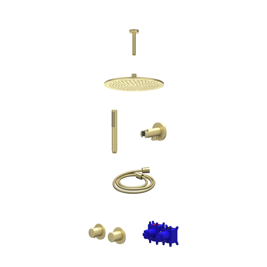 IVY Regendoucheset inbouwthermostaatkraan met 2-weg stop-omstel symmetry, 15cm plafondbuis, R30cmME, houder met uitlaat, doucheslang 150cm en staafmodel – Gebr. mat goud PVD
