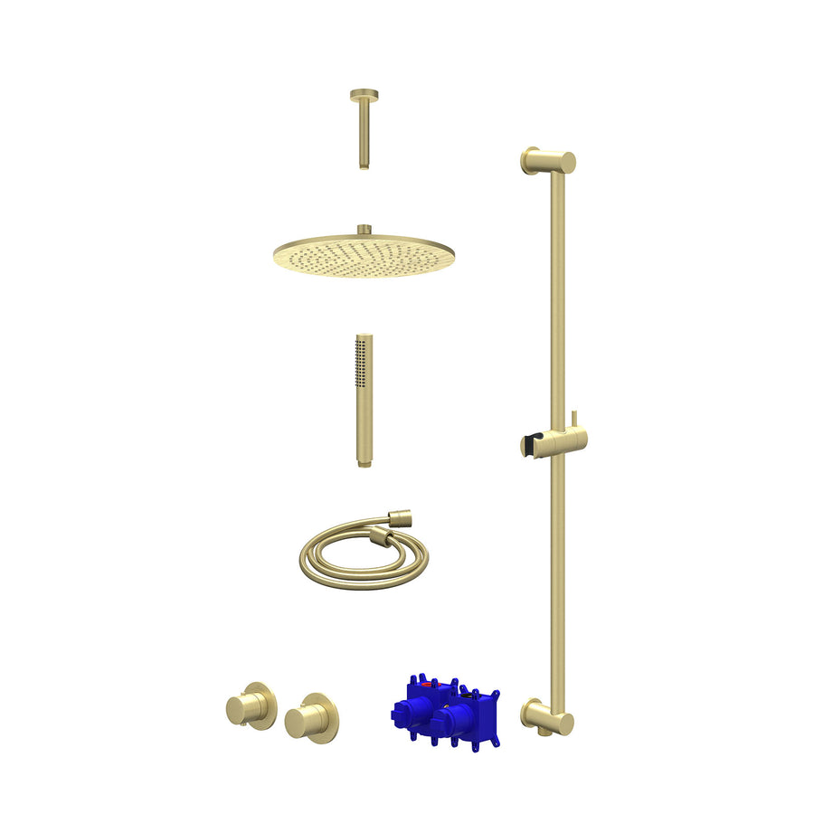 IVY Regendoucheset inbouwthermostaatkraan met 2-weg stop-omstel symmetry, 15cm plafondbuis, R30cmME, glijstang met uitlaat, doucheslang 150cm en staafmodel – Gebr. mat goud PVD