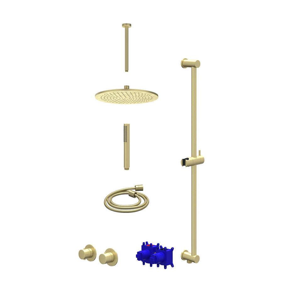IVY Regendoucheset inbouwthermostaatkraan met 2-weg stop-omstel symmetry, 30cm plafondbuis, R30cmME, glijstang met uitlaat, doucheslang 150cm en staafmodel – Gebr. mat goud PVD