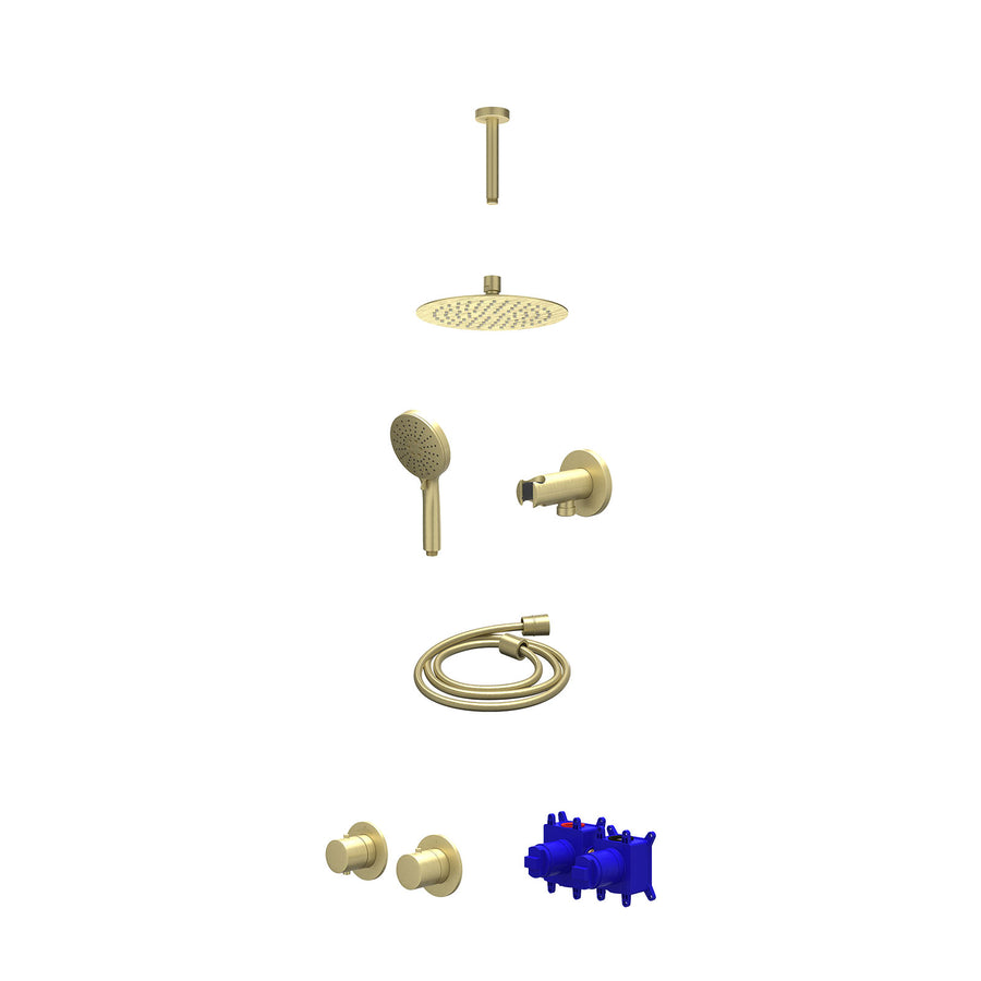 IVY Regendoucheset inbouwthermostaatkraan met 2-weg stop-omstel symmetry, 15cm plafondbuis, R20cmSL, houder met uitlaat, doucheslang 150cm en 3-standen handdouche – Gebr. mat goud 