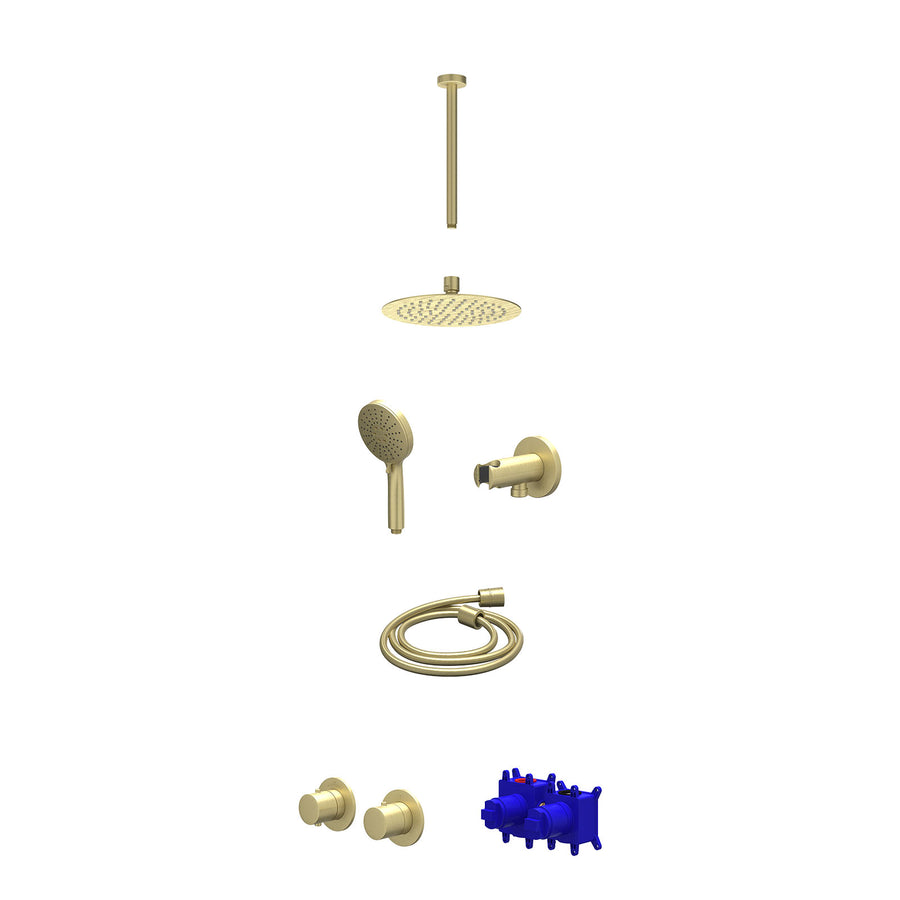 IVY Regendoucheset inbouwthermostaatkraan met 2-weg stop-omstel symmetry, 30cm plafondbuis, R20cmSL, houder met uitlaat, doucheslang 150cm en 3-standen handdouche – Gebr. mat goud 