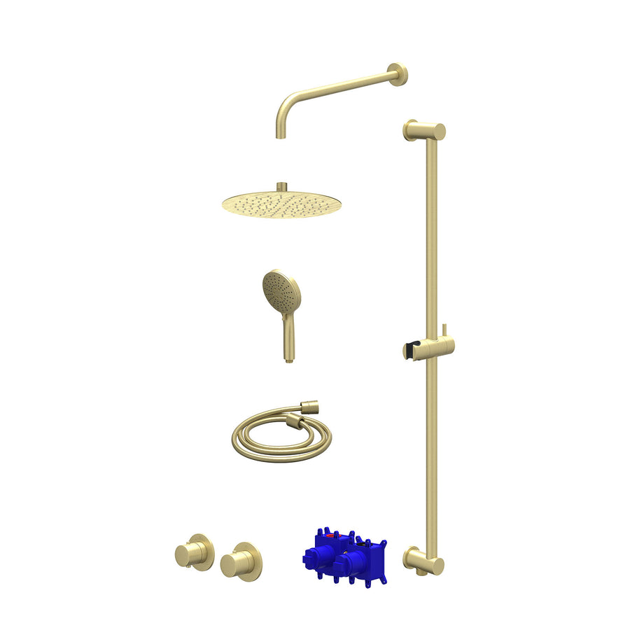 IVY Regendoucheset inbouwthermostaatkraan met 2-weg stop-omstel symmetry, 40cm wandarm, R25cmSL, glijstang met uitlaat, doucheslang 150cm en 3-standen handdouche – Gebr. mat goud P