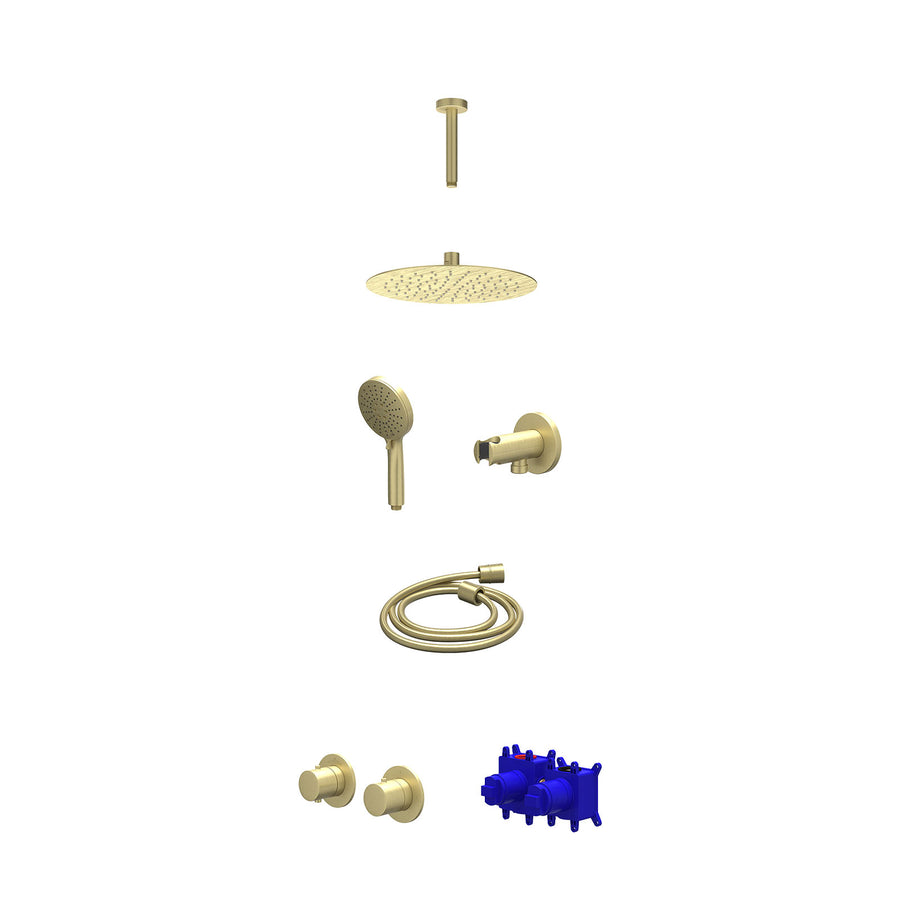 IVY Regendoucheset inbouwthermostaatkraan met 2-weg stop-omstel symmetry, 15cm plafondbuis, R25cmSL, houder met uitlaat, doucheslang 150cm en 3-standen handdouche – Gebr. mat goud 