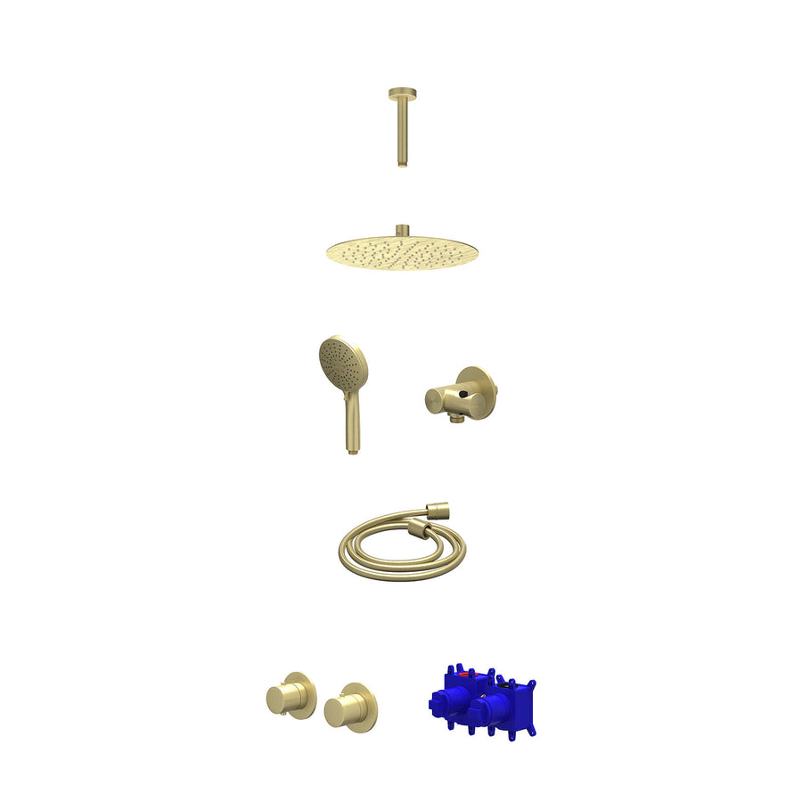 IVY Regendoucheset inbouwthermostaatkraan met 2-weg stop-omstel symmetry, 15cm plafondbuis, R25cmSL, verstelbare steun met geïnt. uitlaat, doucheslang 150cm en 3-standen handdouche