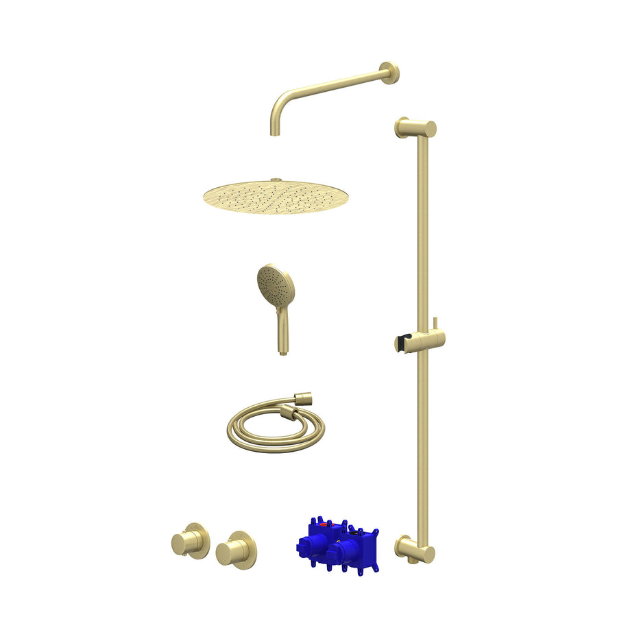 IVY Regendoucheset inbouwthermostaatkraan met 2-weg stop-omstel symmetry, 40cm wandarm, R30cmSL, glijstang met uitlaat, doucheslang 150cm en 3-standen handdouche – Gebr. mat goud P
