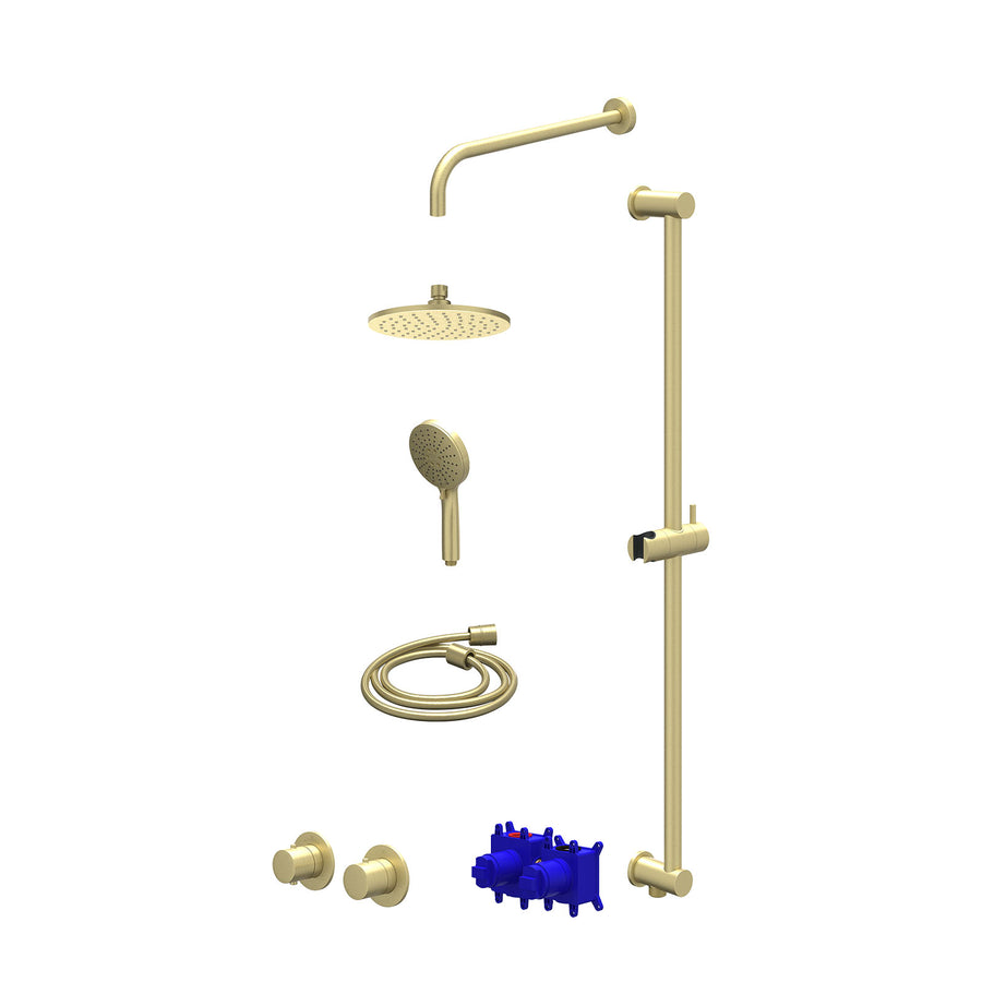 IVY Regendoucheset inbouwthermostaatkraan met 2-weg stop-omstel symmetry, 40cm wandarm, R20cmME, glijstang met uitlaat, doucheslang 150cm en 3-standen handdouche – Gebr. mat goud P