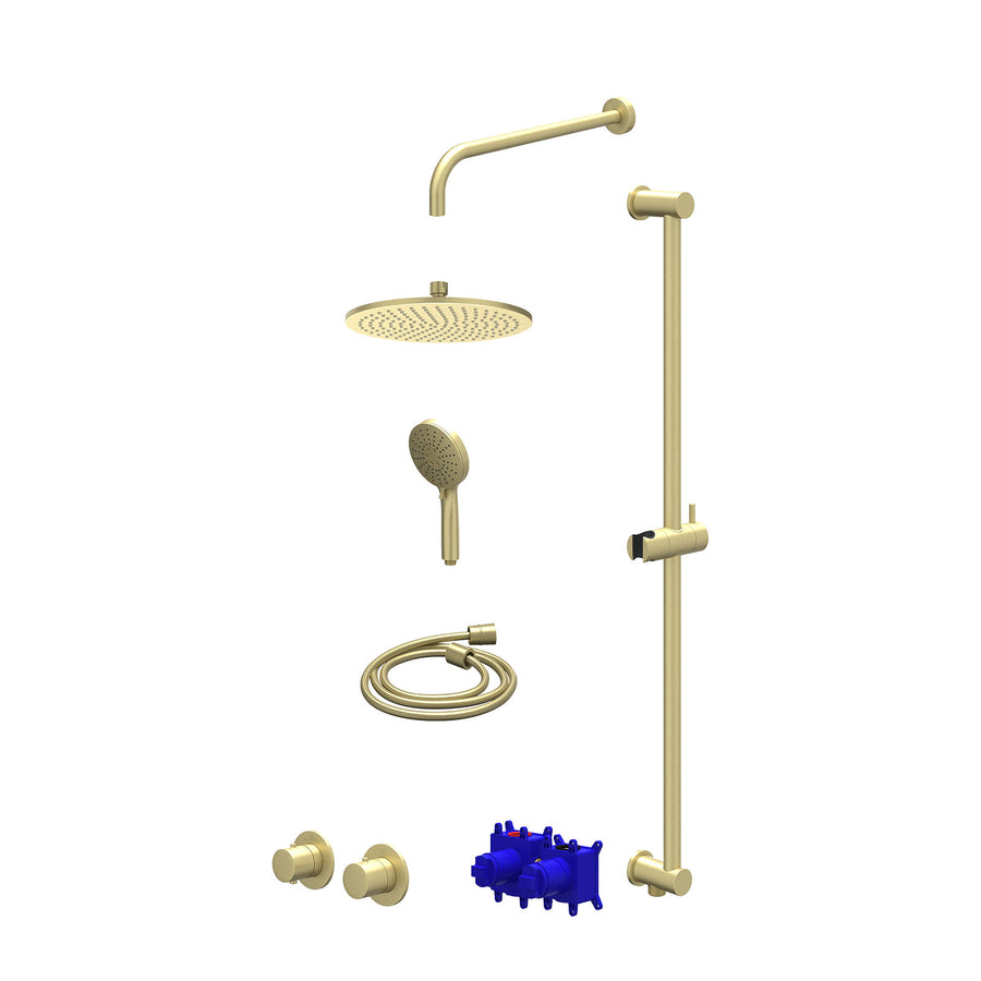 IVY Regendoucheset inbouwthermostaatkraan met 2-weg stop-omstel symmetry, 40cm wandarm, R25cmME, glijstang met uitlaat, doucheslang 150cm en 3-standen handdouche – Gebr. mat goud P