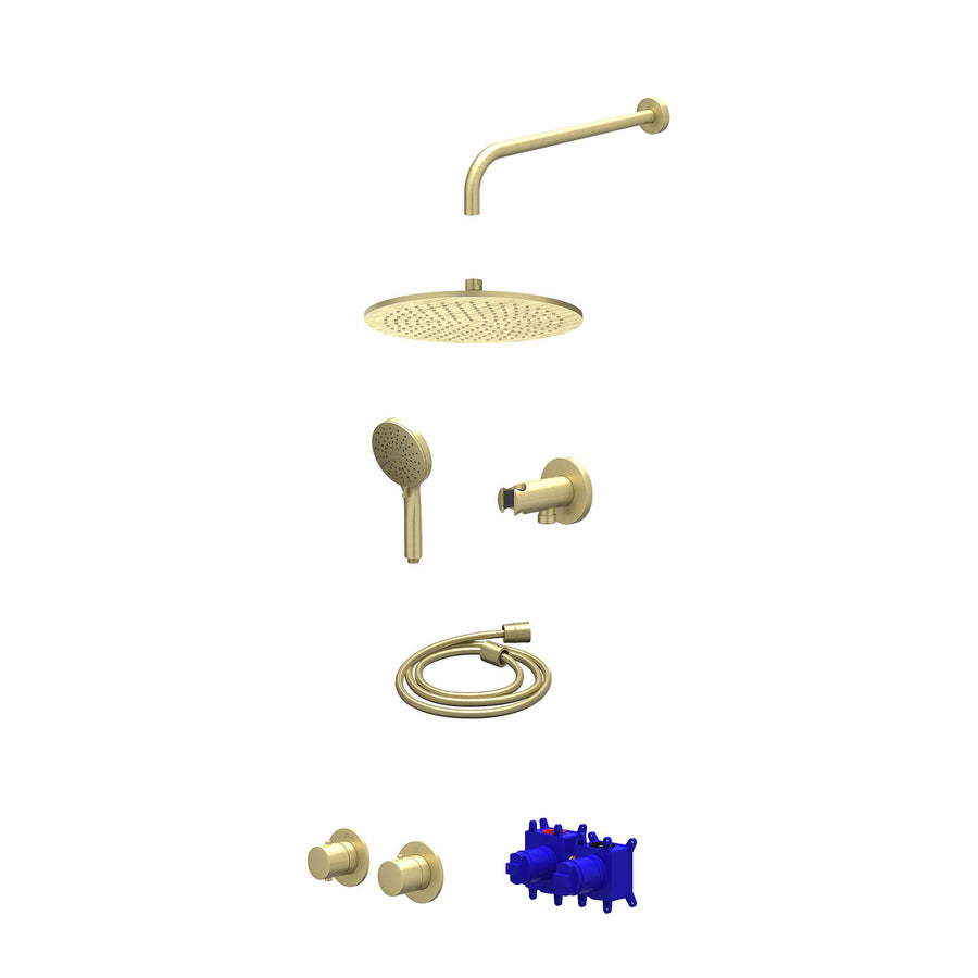 IVY Regendoucheset inbouwthermostaatkraan met 2-weg stop-omstel symmetry, 40cm wandarm, R30cmME, houder met uitlaat, doucheslang 150cm en 3-standen handdouche – Gebr. mat goud PVD