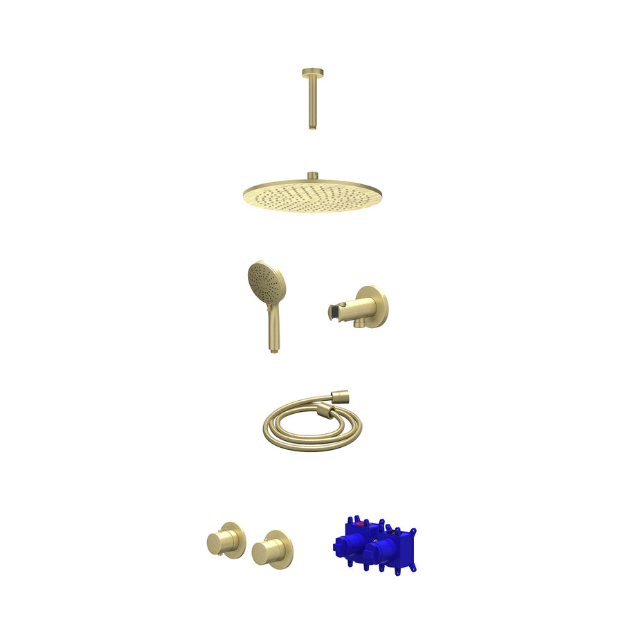 IVY Regendoucheset inbouwthermostaatkraan met 2-weg stop-omstel symmetry, 15cm plafondbuis, R30cmME, houder met uitlaat, doucheslang 150cm en 3-standen handdouche – Gebr. mat goud 