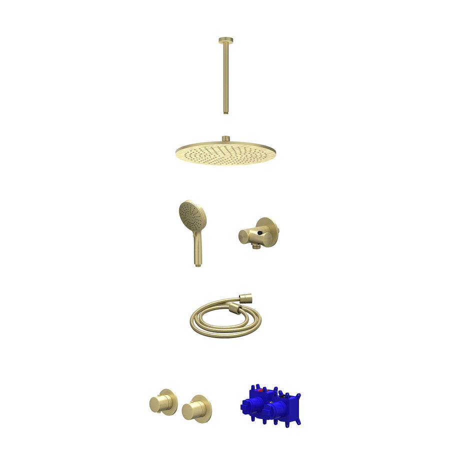 IVY Regendoucheset inbouwthermostaatkraan met 2-weg stop-omstel symmetry, 30cm plafondbuis, R30cmME, verstelbare steun met geïnt. uitlaat, doucheslang 150cm en 3-standen handdouche