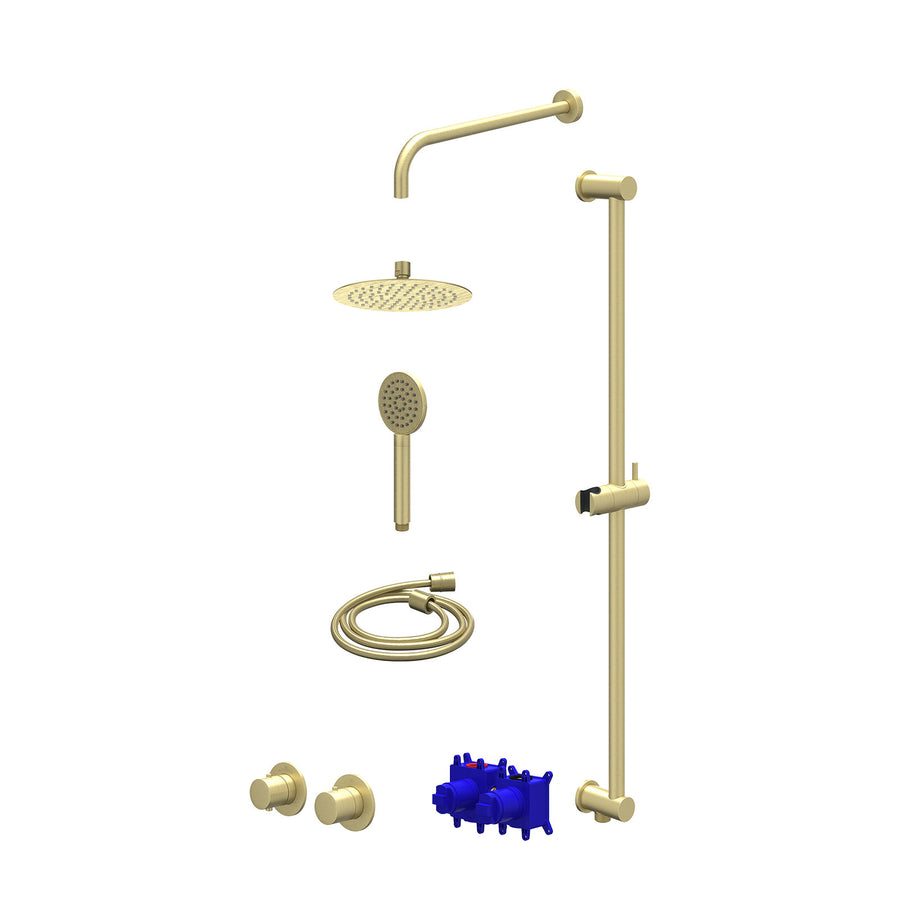 IVY Regendoucheset inbouwthermostaatkraan met 2-weg stop-omstel symmetry, 40cm wandarm, R20cmSL, glijstang met uitlaat, doucheslang 150cm en satin spray handdouche – Gebr. mat goud