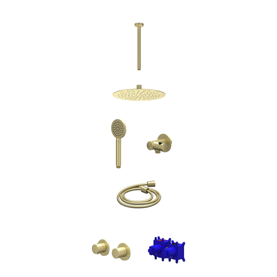 IVY Regendoucheset inbouwthermostaatkraan met 2-weg stop-omstel symmetry, 30cm plafondbuis, R25cmSL, verstelbare steun met geïnt. uitlaat, doucheslang 150cm en satin spray handdouc