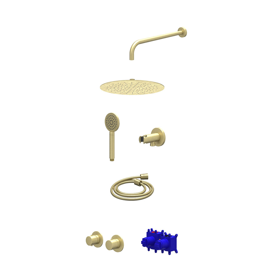 IVY Regendoucheset inbouwthermostaatkraan met 2-weg stop-omstel symmetry, 40cm wandarm, R30cmSL, houder met uitlaat, doucheslang 150cm en satin spray handdouche – Gebr. mat goud PV