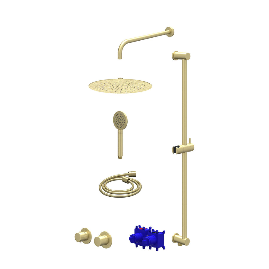IVY Regendoucheset inbouwthermostaatkraan met 2-weg stop-omstel symmetry, 40cm wandarm, R30cmSL, glijstang met uitlaat, doucheslang 150cm en satin spray handdouche – Gebr. mat goud