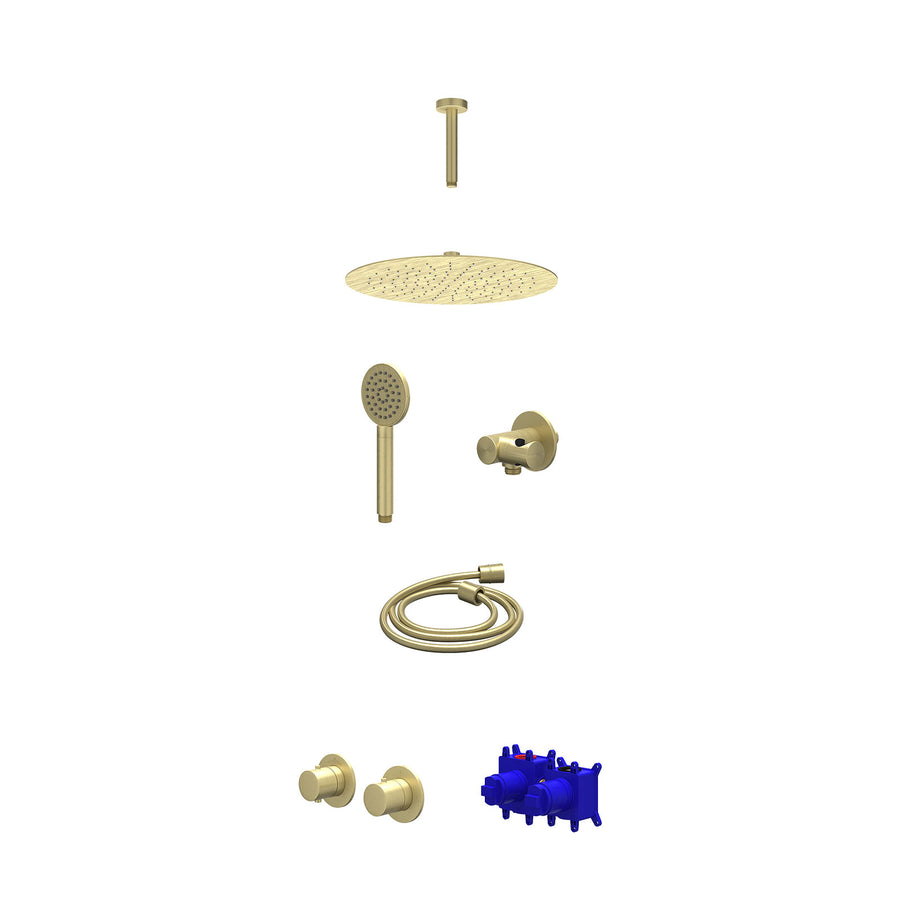 IVY Regendoucheset inbouwthermostaatkraan met 2-weg stop-omstel symmetry, 15cm plafondbuis, R30cmSL, verstelbare steun met geïnt. uitlaat, doucheslang 150cm en satin spray handdouc