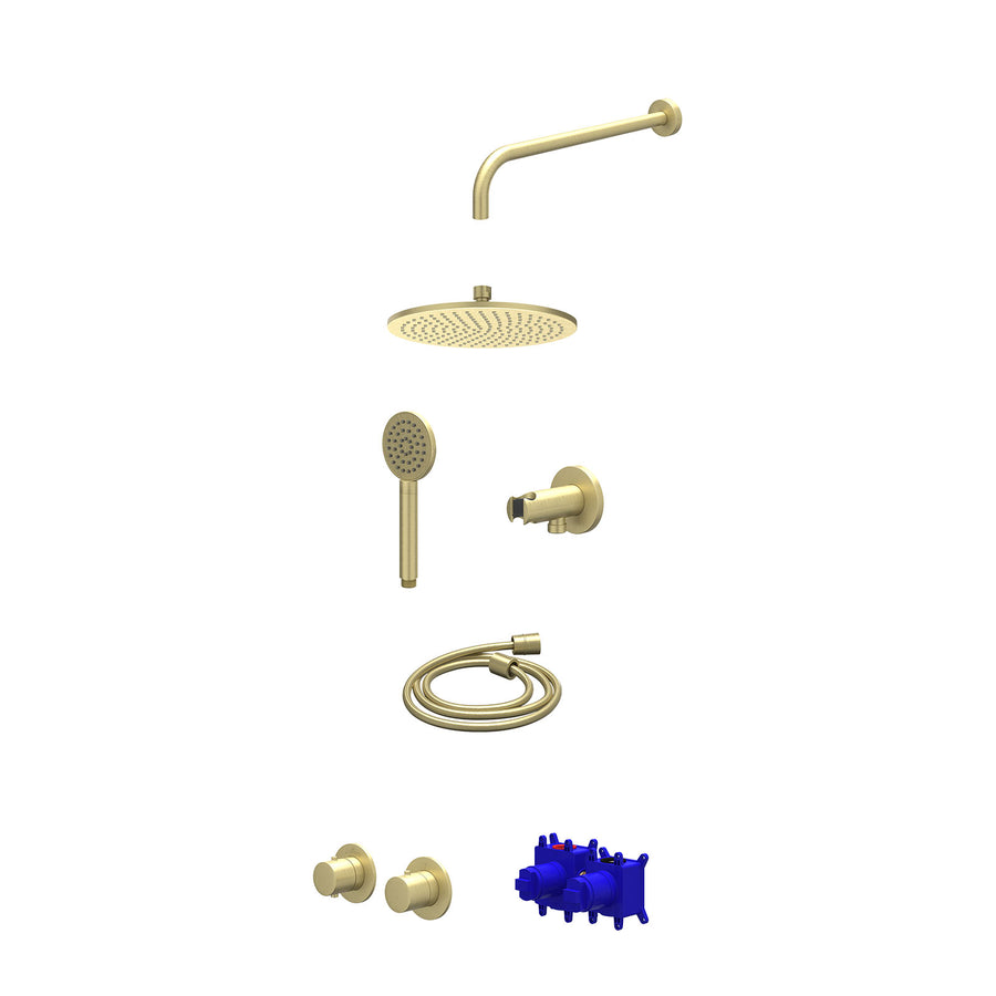 IVY Regendoucheset inbouwthermostaatkraan met 2-weg stop-omstel symmetry, 40cm wandarm, R25cmME, houder met uitlaat, doucheslang 150cm en satin spray handdouche – Gebr. mat goud PV