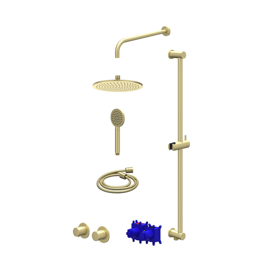 IVY Regendoucheset inbouwthermostaatkraan met 2-weg stop-omstel symmetry, 40cm wandarm, R25cmME, glijstang met uitlaat, doucheslang 150cm en satin spray handdouche – Gebr. mat goud