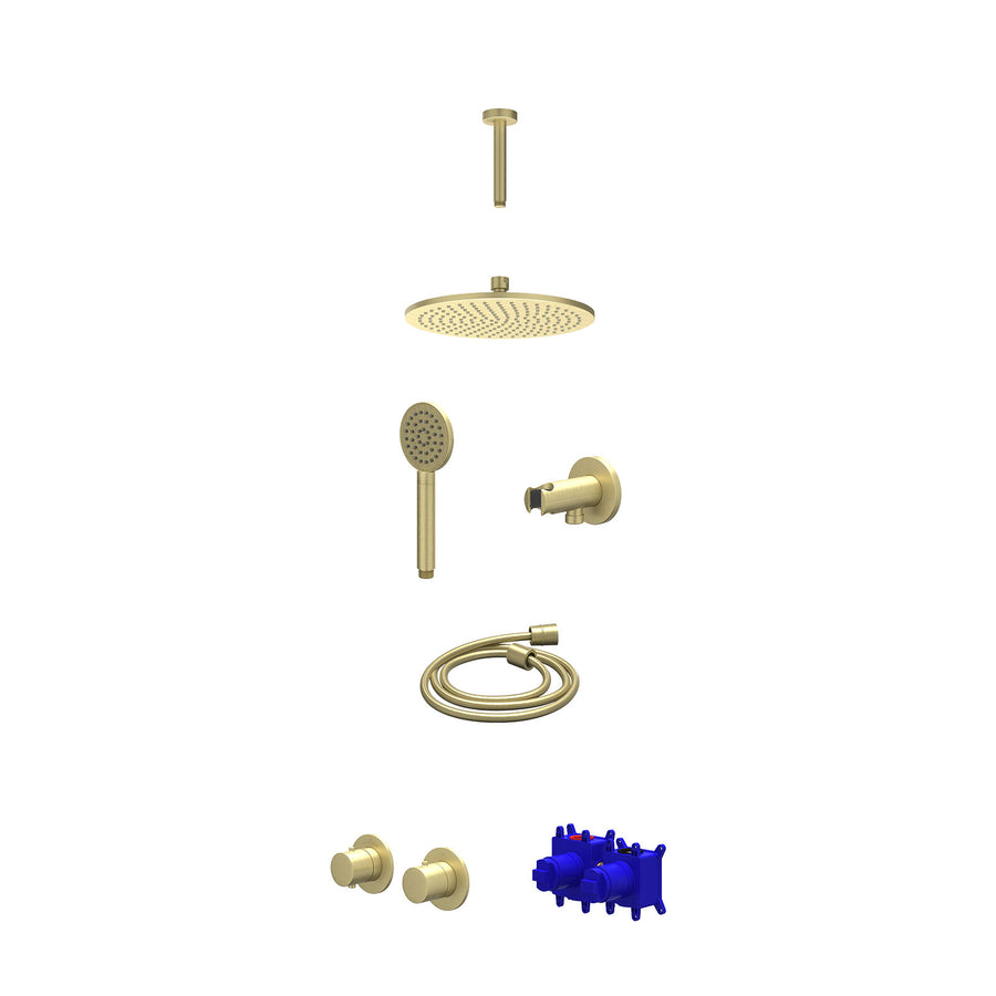 IVY Regendoucheset inbouwthermostaatkraan met 2-weg stop-omstel symmetry, 15cm plafondbuis, R25cmME, houder met uitlaat, doucheslang 150cm en satin spray handdouche – Gebr. mat gou