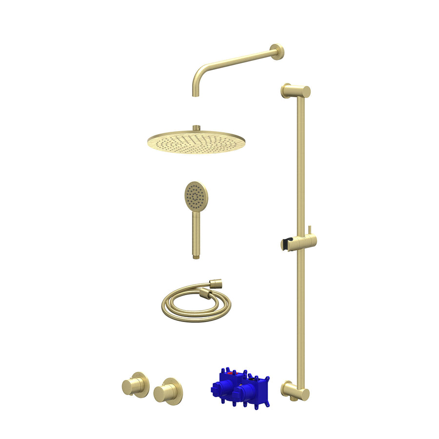 IVY Regendoucheset inbouwthermostaatkraan met 2-weg stop-omstel symmetry, 40cm wandarm, R30cmME, glijstang met uitlaat, doucheslang 150cm en satin spray handdouche – Gebr. mat goud