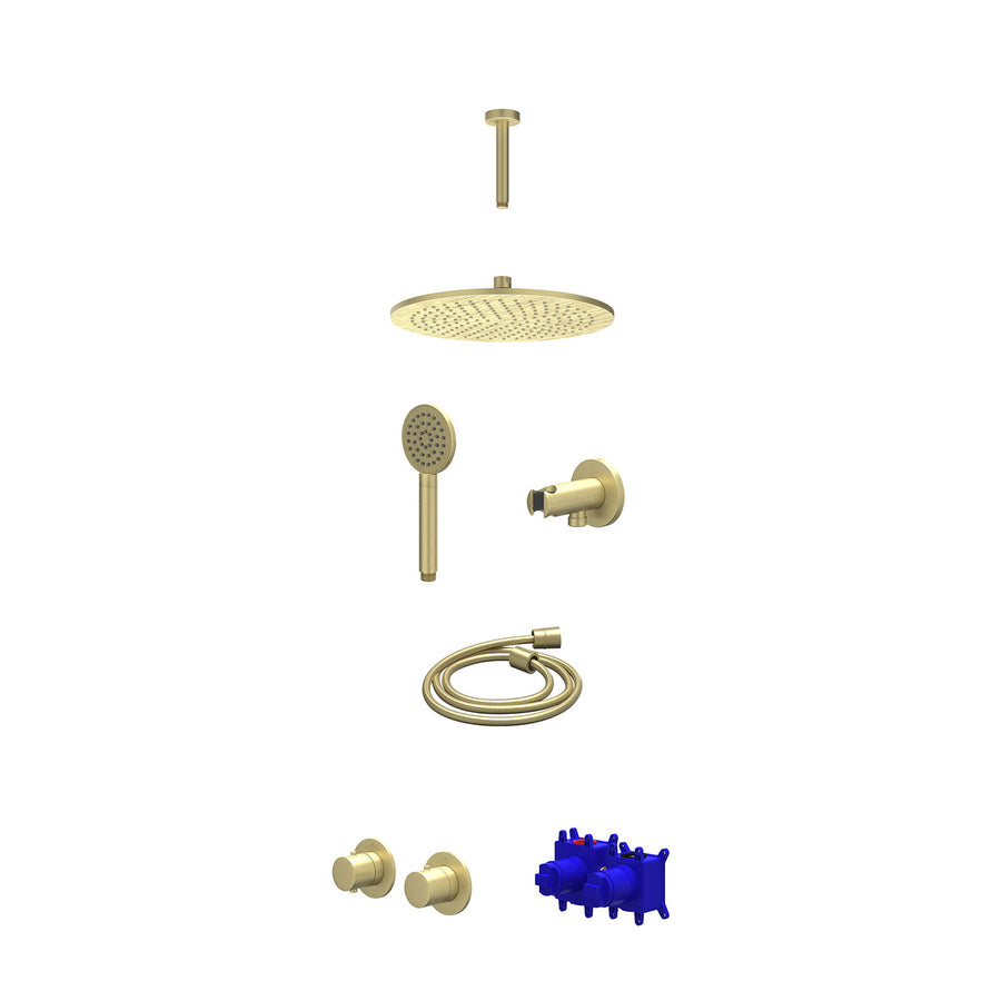 IVY Regendoucheset inbouwthermostaatkraan met 2-weg stop-omstel symmetry, 15cm plafondbuis, R30cmME, houder met uitlaat, doucheslang 150cm en satin spray handdouche – Gebr. mat gou