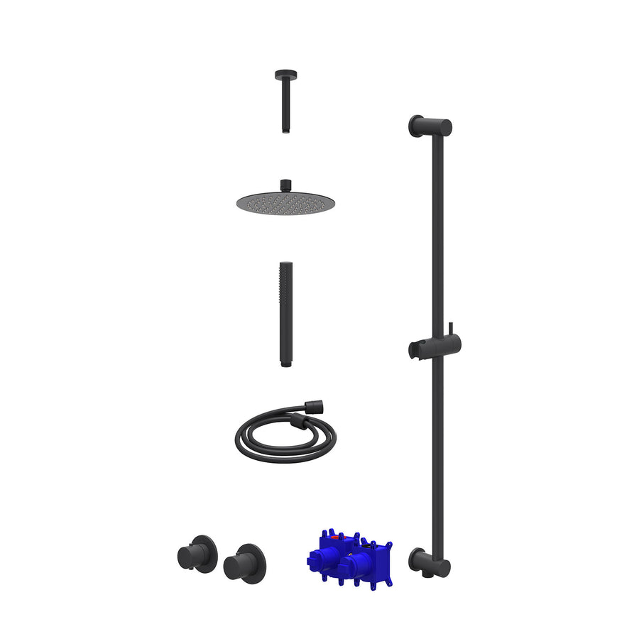 IVY Regendoucheset inbouwthermostaatkraan met 2-weg stop-omstel symmetry, 15cm plafondbuis, R20cmSL, glijstang met uitlaat, doucheslang 150cm en staafmodel – Mat zwart PED