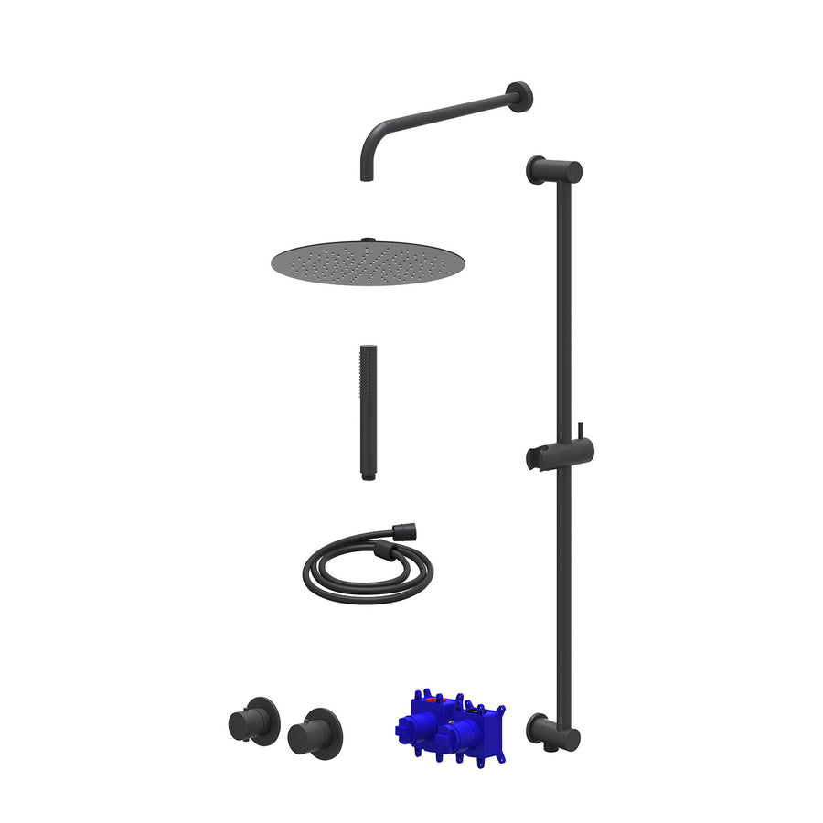 IVY Regendoucheset inbouwthermostaatkraan met 2-weg stop-omstel symmetry, 40cm wandarm, R30cmSL, glijstang met uitlaat, doucheslang 150cm en staafmodel – Mat zwart PED