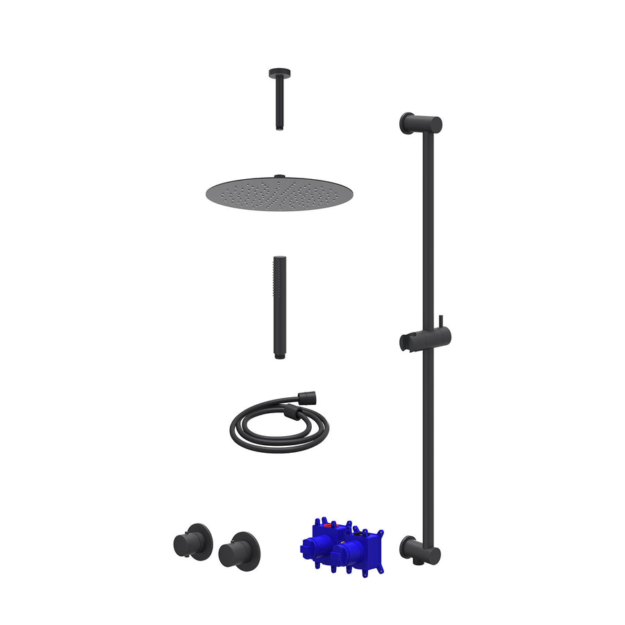 IVY Regendoucheset inbouwthermostaatkraan met 2-weg stop-omstel symmetry, 15cm plafondbuis, R30cmSL, glijstang met uitlaat, doucheslang 150cm en staafmodel – Mat zwart PED