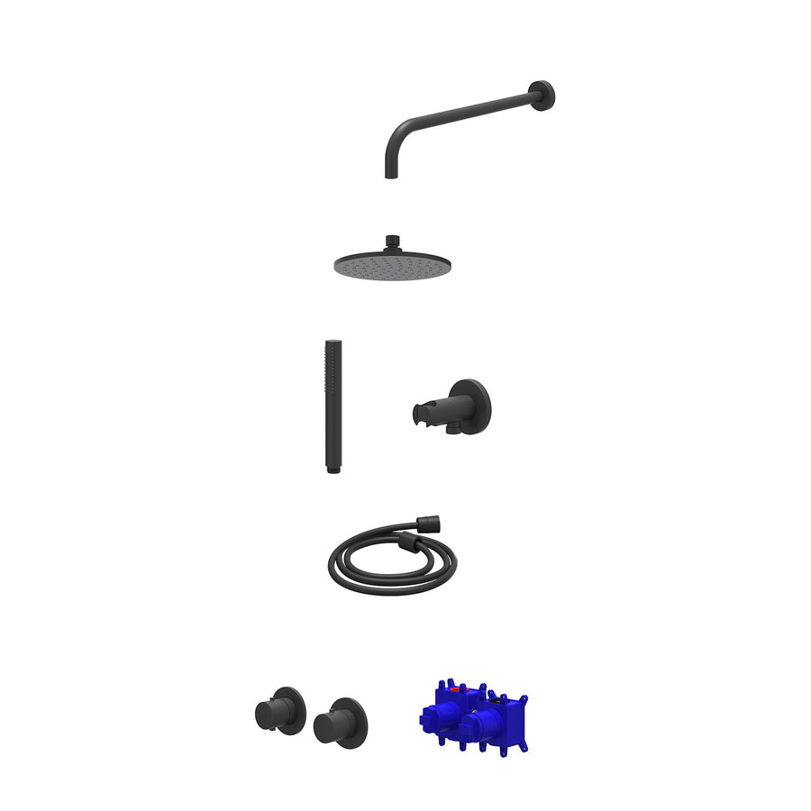 IVY Regendoucheset inbouwthermostaatkraan met 2-weg stop-omstel symmetry, 40cm wandarm, R20cmME, houder met uitlaat, doucheslang 150cm en staafmodel – Mat zwart PED