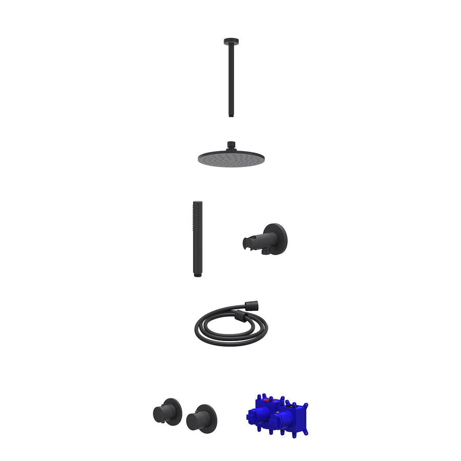 IVY Regendoucheset inbouwthermostaatkraan met 2-weg stop-omstel symmetry, 30cm plafondbuis, R20cmME, houder met uitlaat, doucheslang 150cm en staafmodel – Mat zwart PED