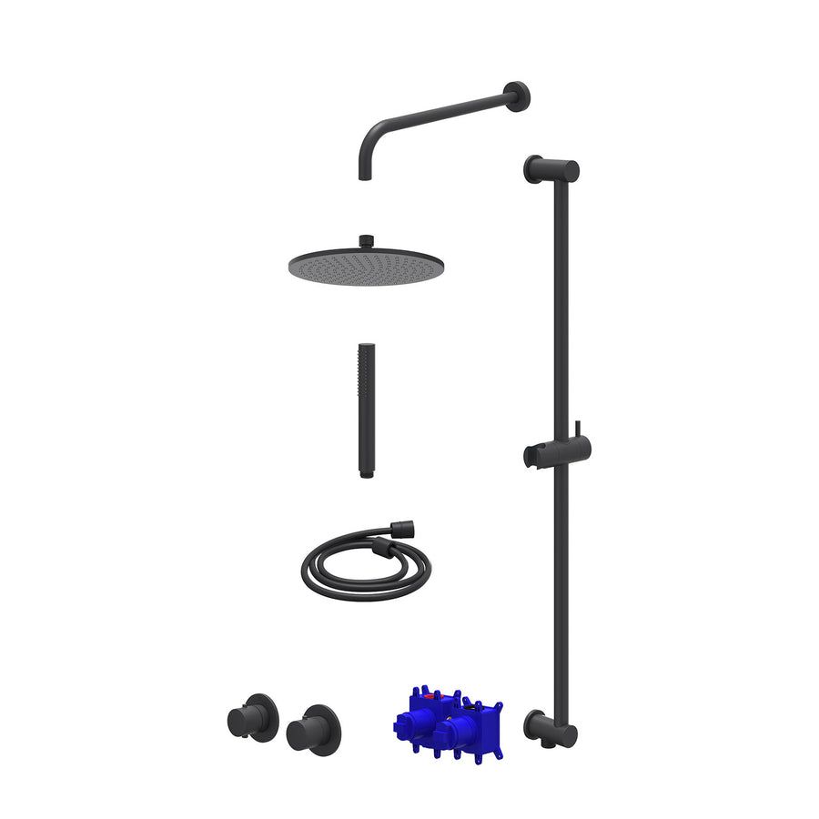 IVY Regendoucheset inbouwthermostaatkraan met 2-weg stop-omstel symmetry, 40cm wandarm, R25cmME, glijstang met uitlaat, doucheslang 150cm en staafmodel – Mat zwart PED