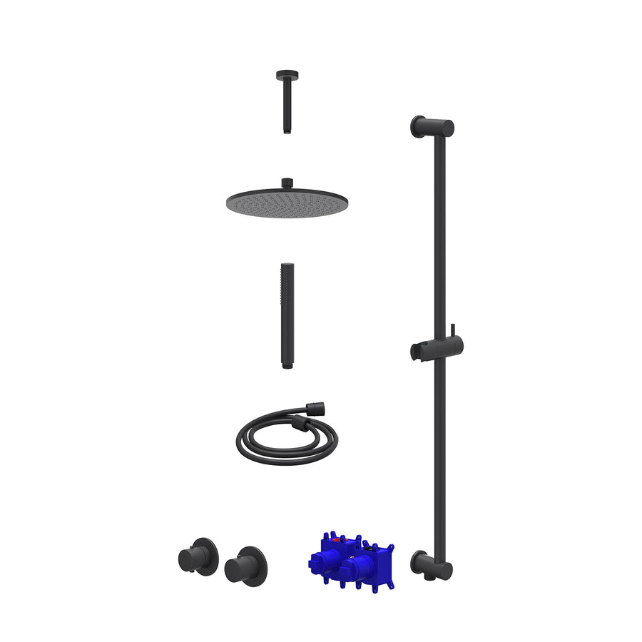 IVY Regendoucheset inbouwthermostaatkraan met 2-weg stop-omstel symmetry, 15cm plafondbuis, R25cmME, glijstang met uitlaat, doucheslang 150cm en staafmodel – Mat zwart PED
