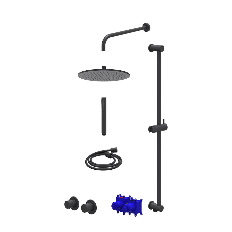 IVY Regendoucheset inbouwthermostaatkraan met 2-weg stop-omstel symmetry, 40cm wandarm, R30cmME, glijstang met uitlaat, doucheslang 150cm en staafmodel – Mat zwart PED