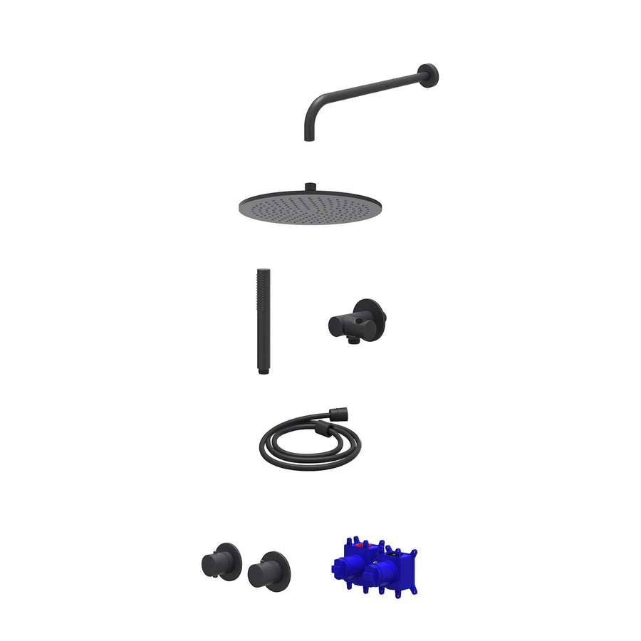 IVY Regendoucheset inbouwthermostaatkraan met 2-weg stop-omstel symmetry, 40cm wandarm, R30cmME, verstelbare steun met geïnt. uitlaat, doucheslang 150cm en staafmodel – Mat zwart P