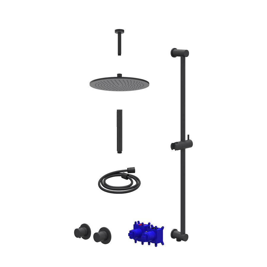 IVY Regendoucheset inbouwthermostaatkraan met 2-weg stop-omstel symmetry, 15cm plafondbuis, R30cmME, glijstang met uitlaat, doucheslang 150cm en staafmodel – Mat zwart PED