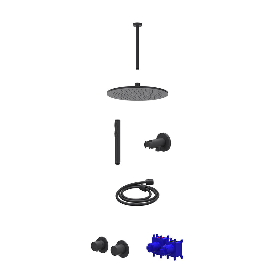 IVY Regendoucheset inbouwthermostaatkraan met 2-weg stop-omstel symmetry, 30cm plafondbuis, R30cmME, houder met uitlaat, doucheslang 150cm en staafmodel – Mat zwart PED