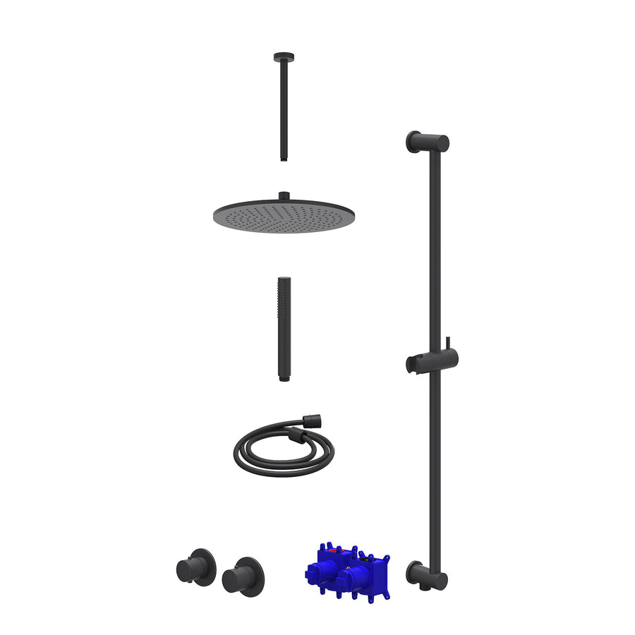 IVY Regendoucheset inbouwthermostaatkraan met 2-weg stop-omstel symmetry, 30cm plafondbuis, R30cmME, glijstang met uitlaat, doucheslang 150cm en staafmodel – Mat zwart PED