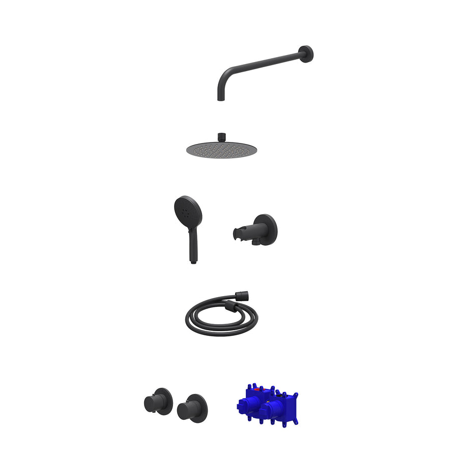 IVY Regendoucheset inbouwthermostaatkraan met 2-weg stop-omstel symmetry, 40cm wandarm, R20cmSL, houder met uitlaat, doucheslang 150cm en 3-standen handdouche – Mat zwart PED
