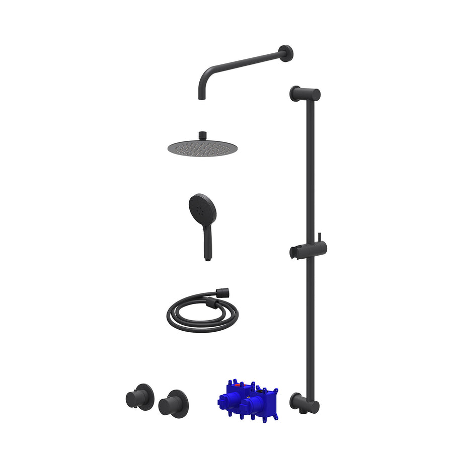 IVY Regendoucheset inbouwthermostaatkraan met 2-weg stop-omstel symmetry, 40cm wandarm, R20cmSL, glijstang met uitlaat, doucheslang 150cm en 3-standen handdouche – Mat zwart PED