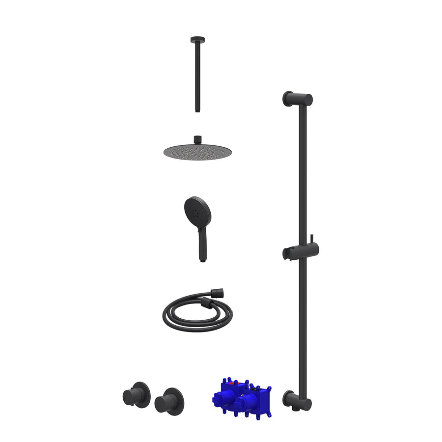 IVY Regendoucheset inbouwthermostaatkraan met 2-weg stop-omstel symmetry, 30cm plafondbuis, R20cmSL, glijstang met uitlaat, doucheslang 150cm en 3-standen handdouche – Mat zwart PE