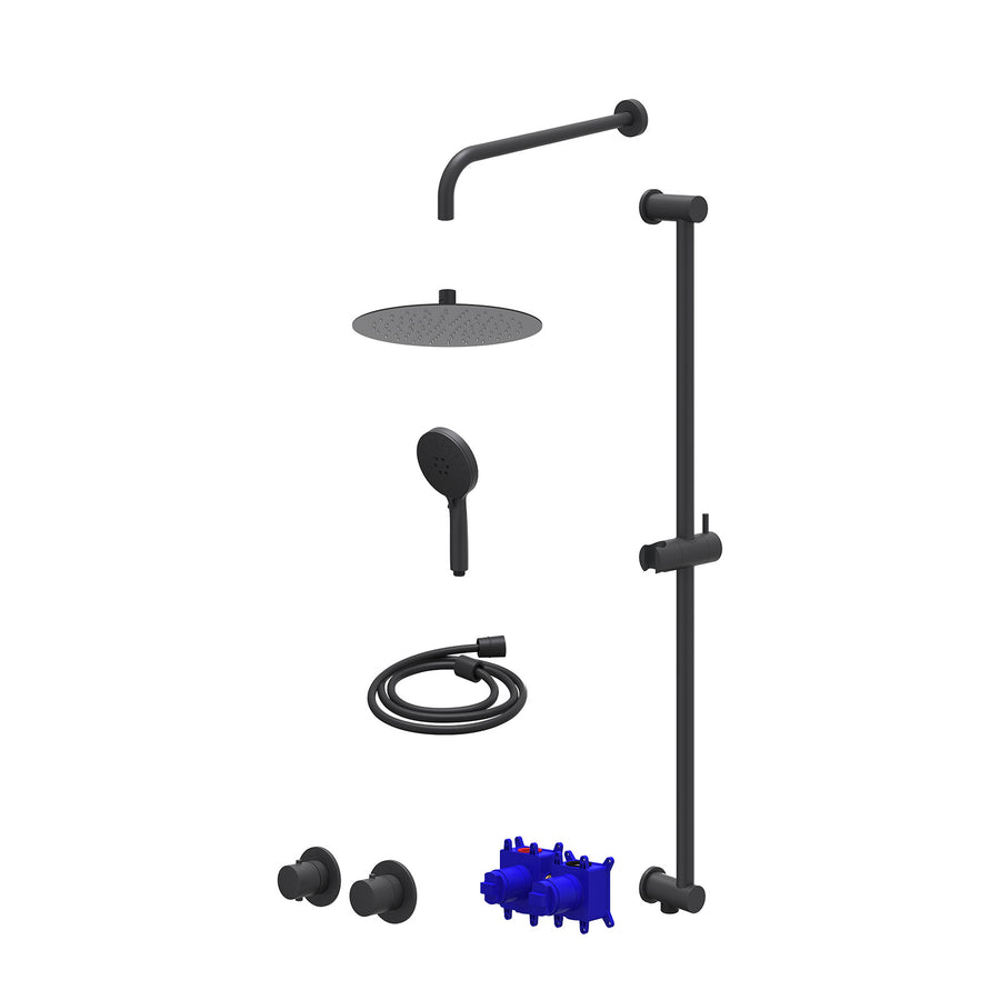 IVY Regendoucheset inbouwthermostaatkraan met 2-weg stop-omstel symmetry, 40cm wandarm, R25cmSL, glijstang met uitlaat, doucheslang 150cm en 3-standen handdouche – Mat zwart PED