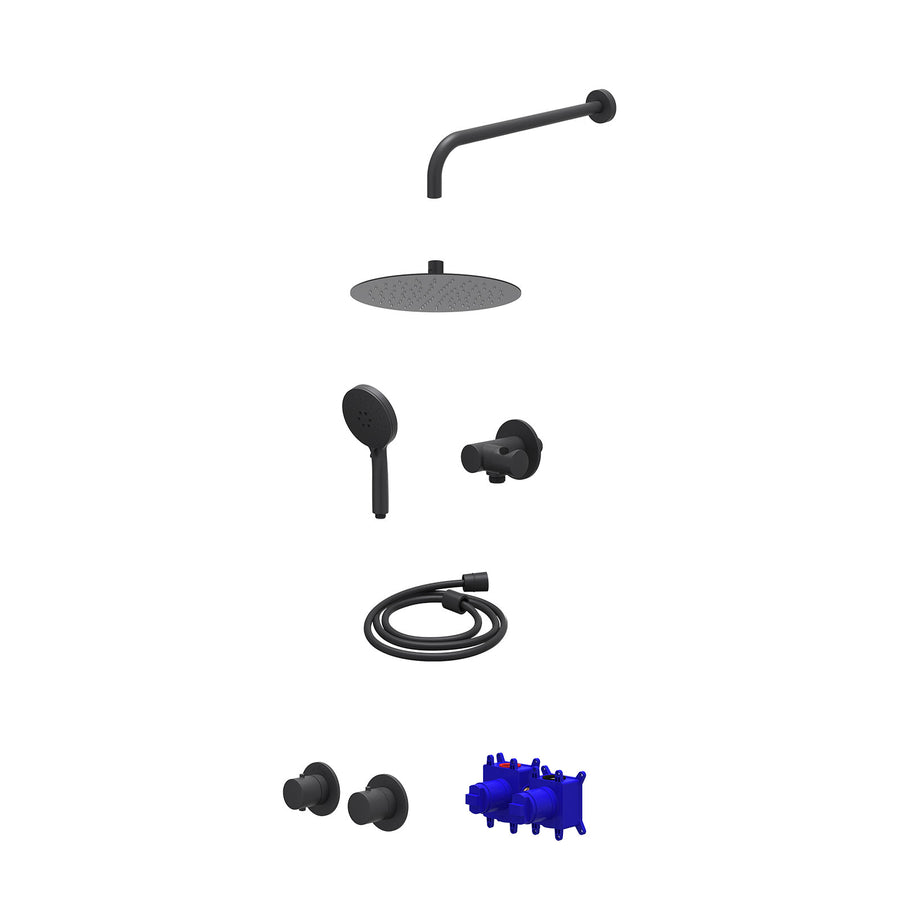 IVY Regendoucheset inbouwthermostaatkraan met 2-weg stop-omstel symmetry, 40cm wandarm, R25cmSL, verstelbare steun met geïnt. uitlaat, doucheslang 150cm en 3-standen handdouche – M