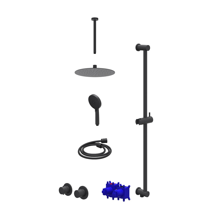 IVY Regendoucheset inbouwthermostaatkraan met 2-weg stop-omstel symmetry, 30cm plafondbuis, R25cmSL, glijstang met uitlaat, doucheslang 150cm en 3-standen handdouche – Mat zwart PE