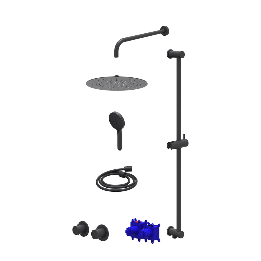 IVY Regendoucheset inbouwthermostaatkraan met 2-weg stop-omstel symmetry, 40cm wandarm, R30cmSL, glijstang met uitlaat, doucheslang 150cm en 3-standen handdouche – Mat zwart PED
