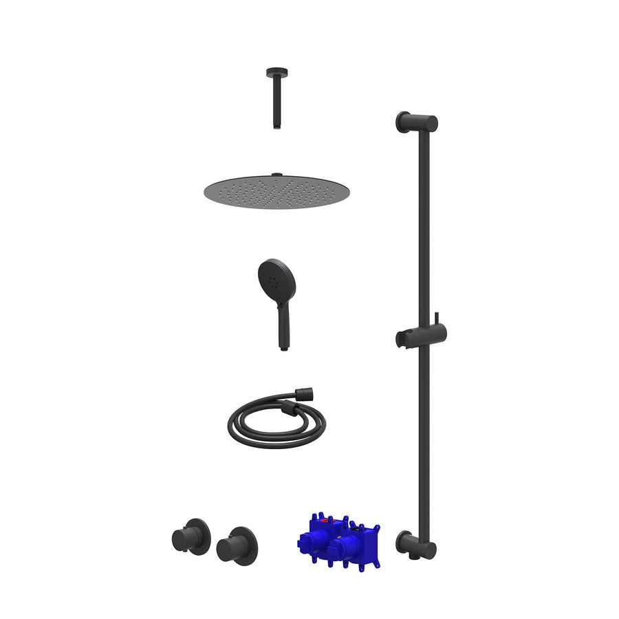 IVY Regendoucheset inbouwthermostaatkraan met 2-weg stop-omstel symmetry, 15cm plafondbuis, R30cmSL, glijstang met uitlaat, doucheslang 150cm en 3-standen handdouche – Mat zwart PE