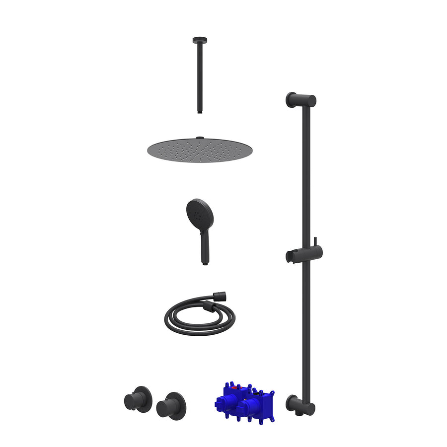 IVY Regendoucheset inbouwthermostaatkraan met 2-weg stop-omstel symmetry, 30cm plafondbuis, R30cmSL, glijstang met uitlaat, doucheslang 150cm en 3-standen handdouche – Mat zwart PE