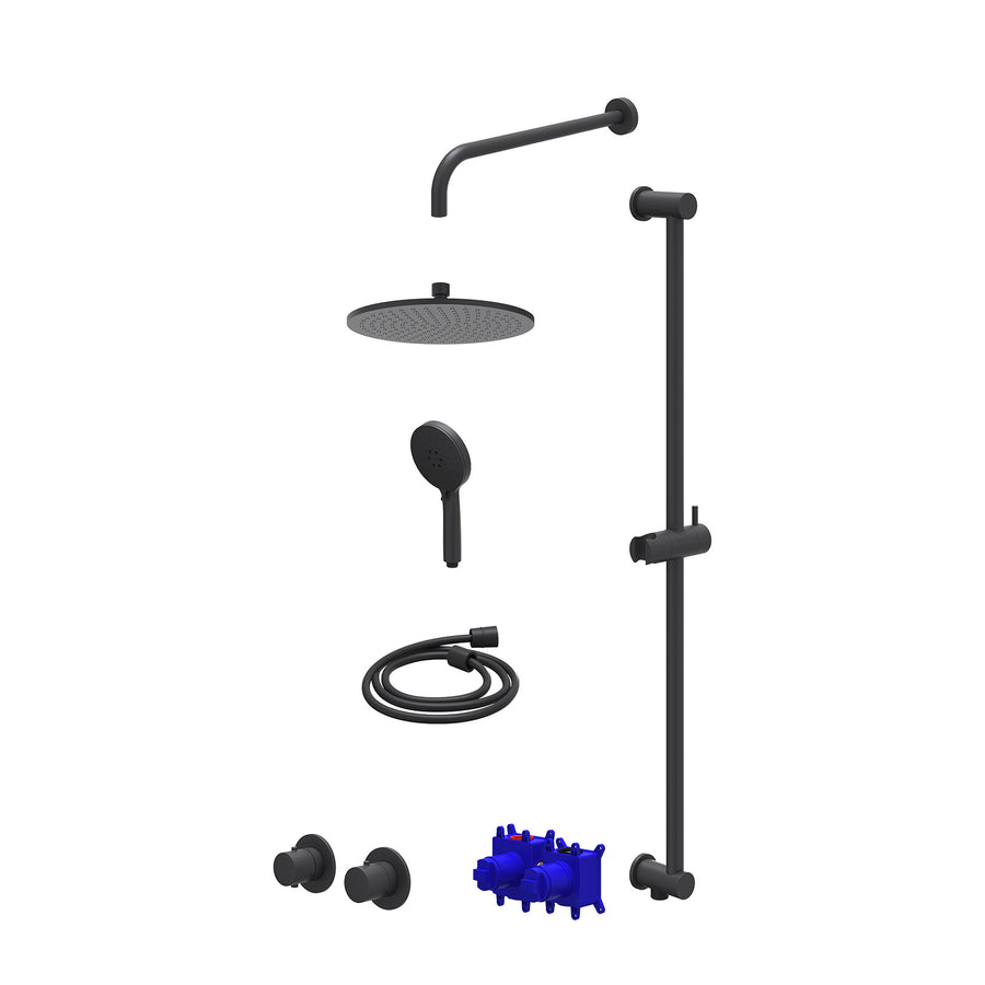 IVY Regendoucheset inbouwthermostaatkraan met 2-weg stop-omstel symmetry, 40cm wandarm, R25cmME, glijstang met uitlaat, doucheslang 150cm en 3-standen handdouche – Mat zwart PED