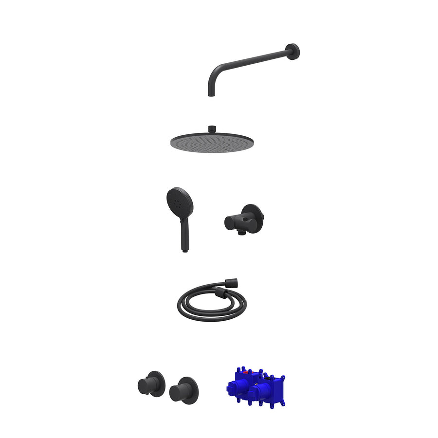 IVY Regendoucheset inbouwthermostaatkraan met 2-weg stop-omstel symmetry, 40cm wandarm, R25cmME, verstelbare steun met geïnt. uitlaat, doucheslang 150cm en 3-standen handdouche – M