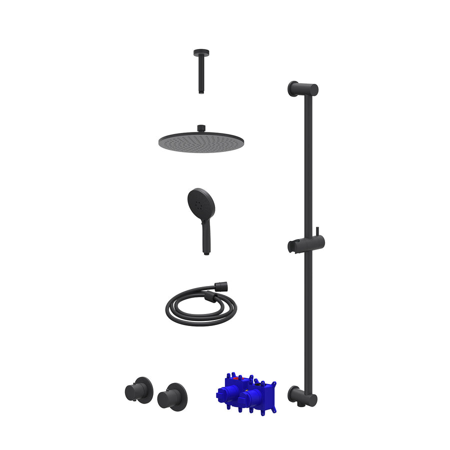 IVY Regendoucheset inbouwthermostaatkraan met 2-weg stop-omstel symmetry, 15cm plafondbuis, R25cmME, glijstang met uitlaat, doucheslang 150cm en 3-standen handdouche – Mat zwart PE