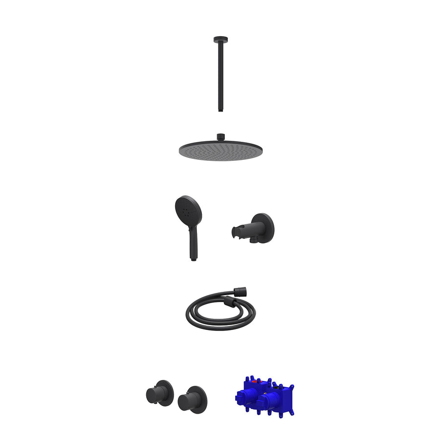IVY Regendoucheset inbouwthermostaatkraan met 2-weg stop-omstel symmetry, 30cm plafondbuis, R25cmME, houder met uitlaat, doucheslang 150cm en 3-standen handdouche – Mat zwart PED